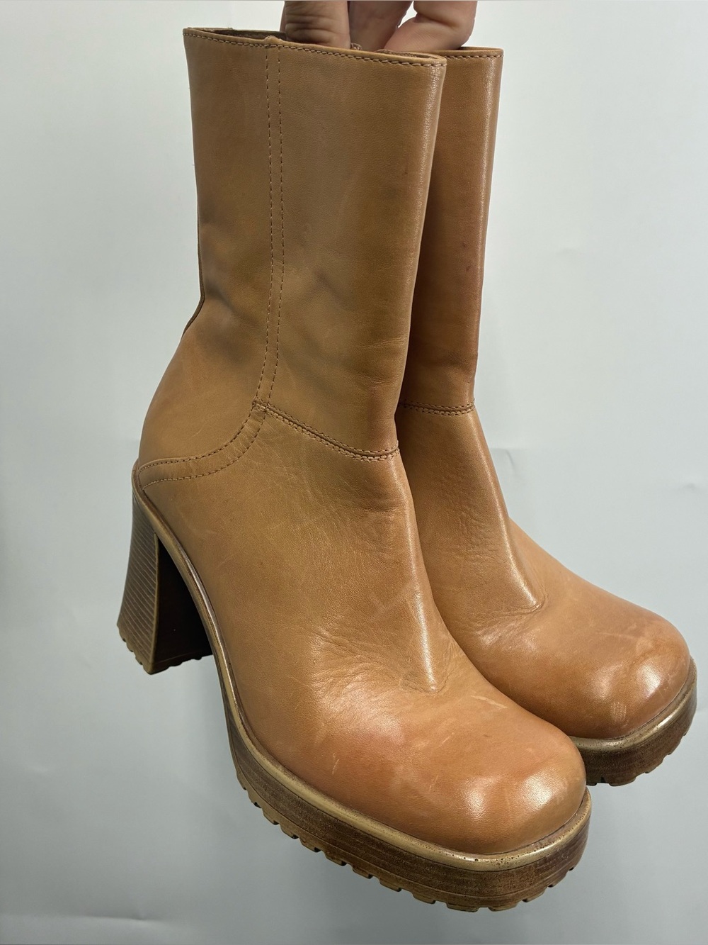 Vintage 90s Steve Madden 6.5 6 1/2 LIZIE Leather Chunky Heel Platform Boots Tan - Picture 10 of 12
